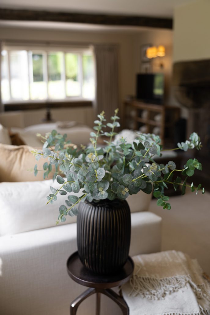 cosy living space with cream sofa, wooden coffee table, and styled décor.