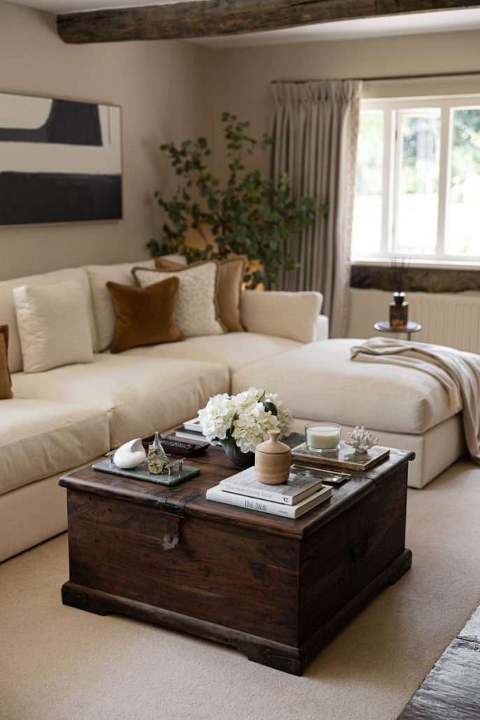 cream corner sofa with brown cushions, vintage chest coffee table, and natural light.
