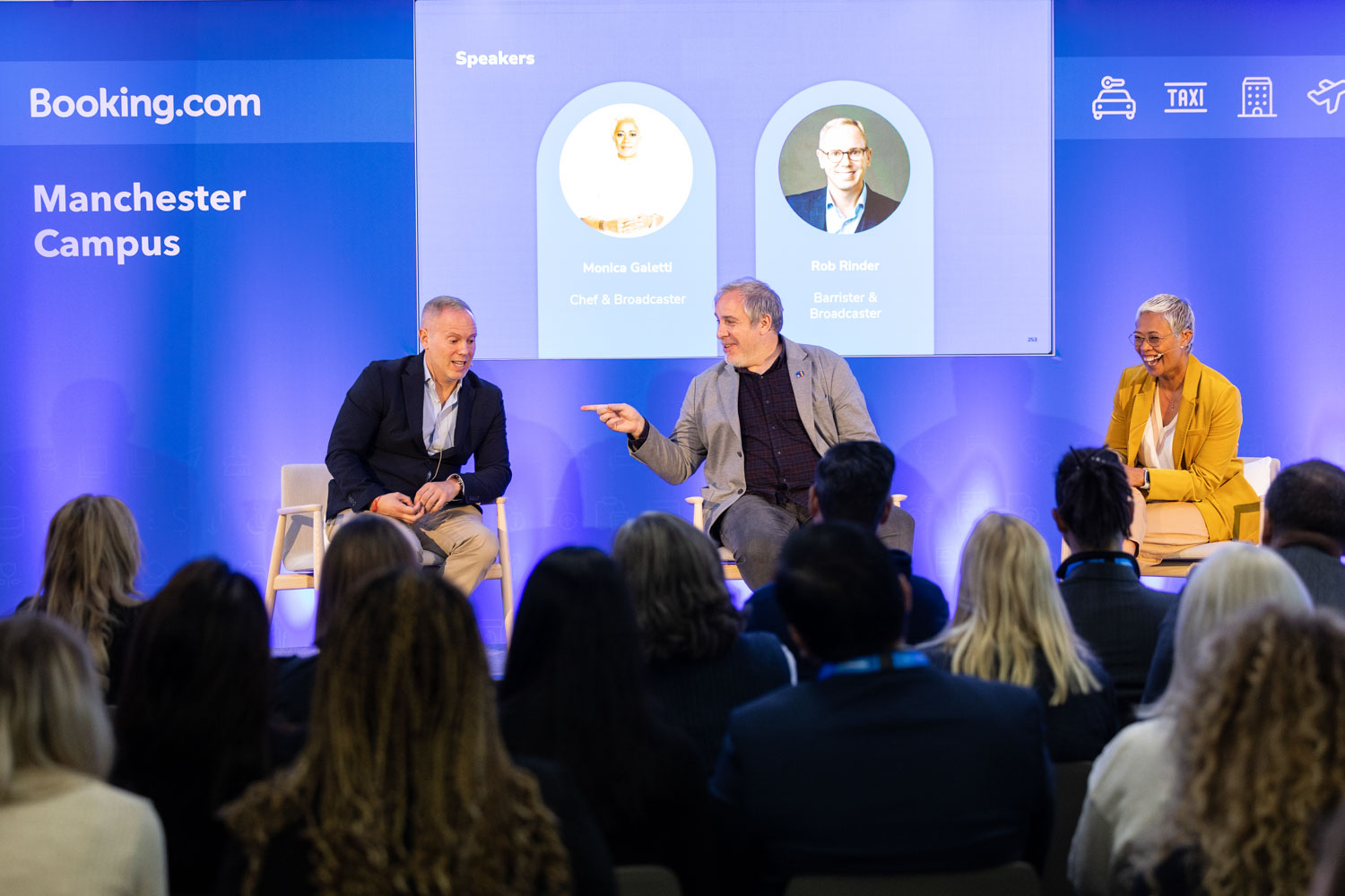 Panel discussion with guest speakers including Monica Galetti and Rob Rinder at the Booking.com Manchester event