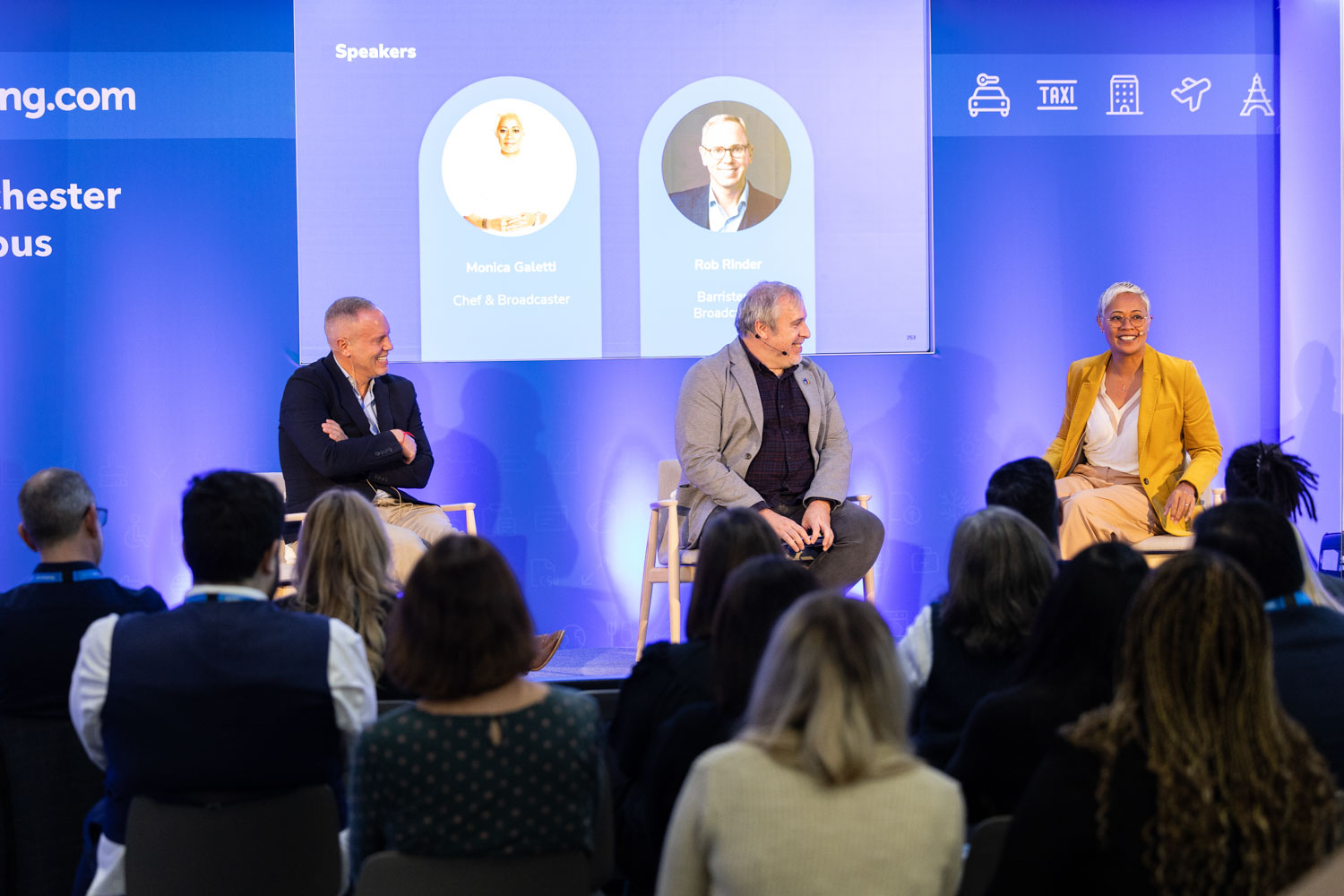 Panel discussion with guest speakers including Monica Galetti and Rob Rinder at the Booking.com Manchester event