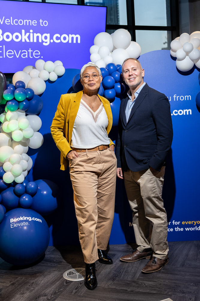 Booking.com leadership panel discussion on stage during the Elevate conference at the Manchester campus.