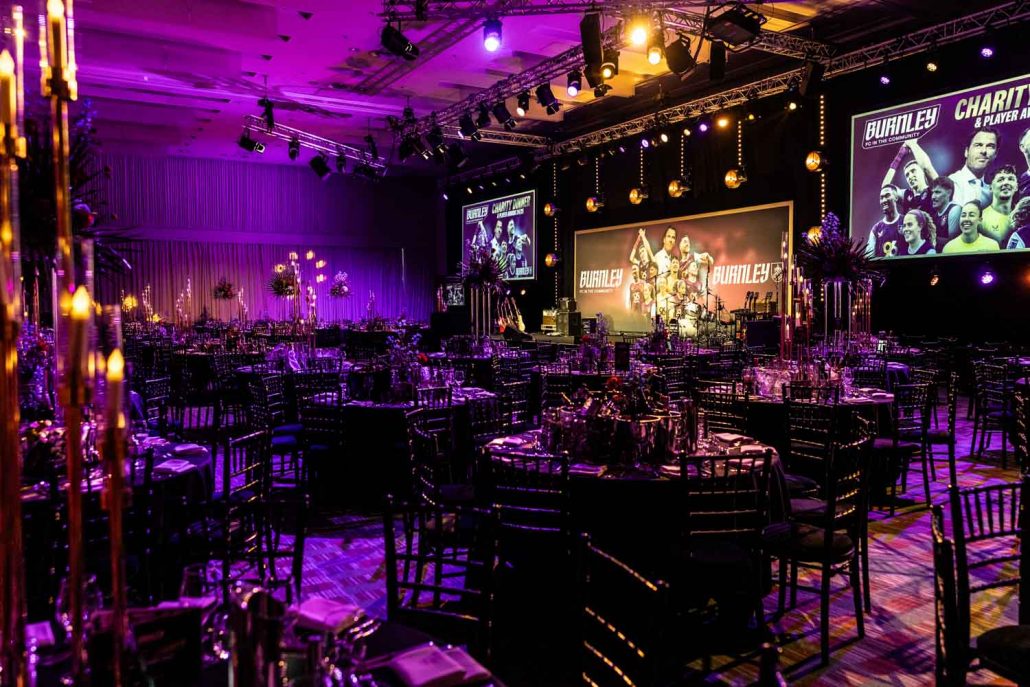 Burnley FC Charity Dinner and Players Awards 2025 venue setup at Hilton Manchester Deansgate photographed by Awards Ceremony Photographer Manchester