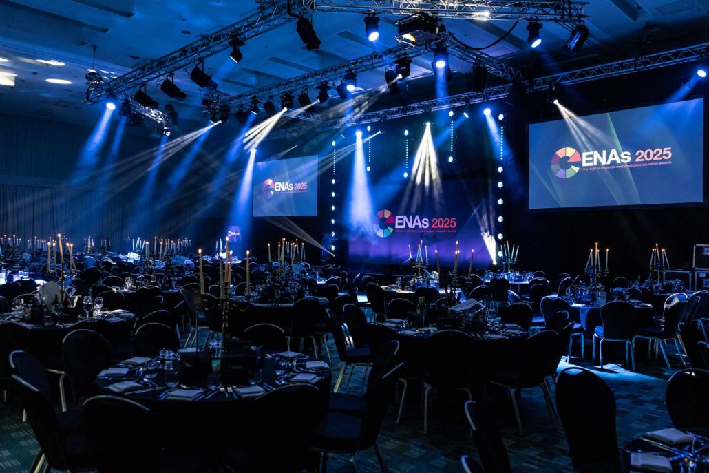 Awards ceremony stage setup at ENA Awards 2025 photographed by Awards Ceremony Photographer Manchester at The Point Manchester