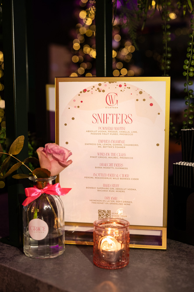 A photograph of a room decorated in gold and pink for an 18th birthday party in Altrincham