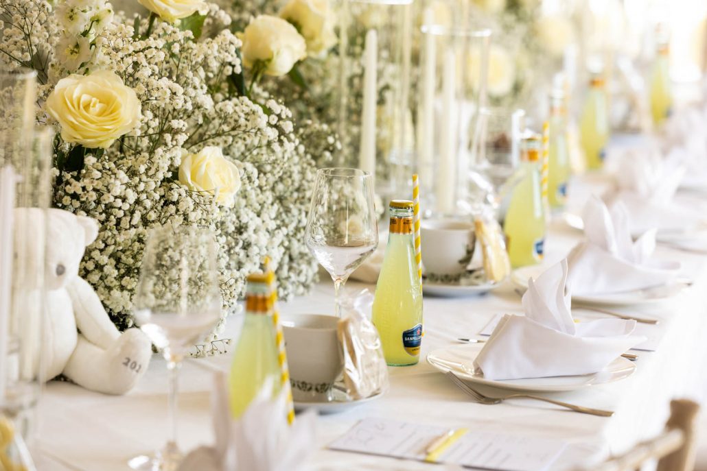 Elegant baby shower table styling with flowers and drinks in Essex – baby shower photography