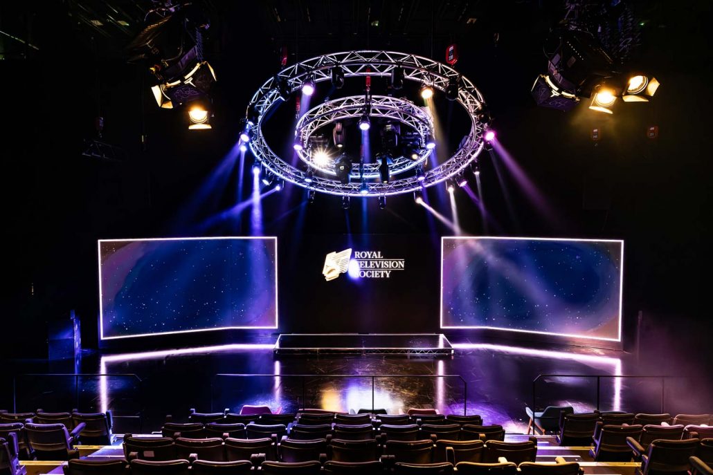 Royal Television Society stage setup at Dock 10 in MediaCityUK captured by Conference Photography Manchester.