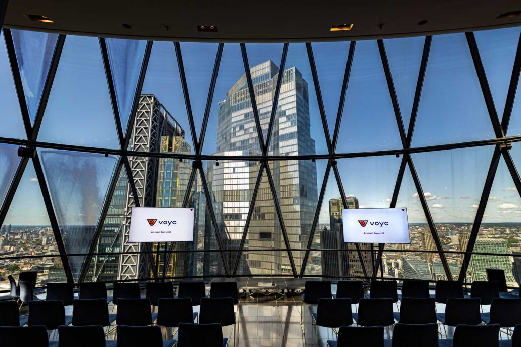 Event Photographer London capturing a corporate conference setup inside The Gherkin with panoramic city views